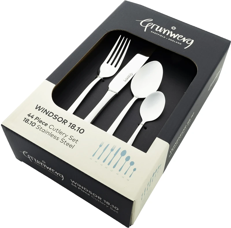 Grunwerg Windsor 44-Piece Cutlery Set 44BXWSR, 18/10 Stainless Steel, Silver