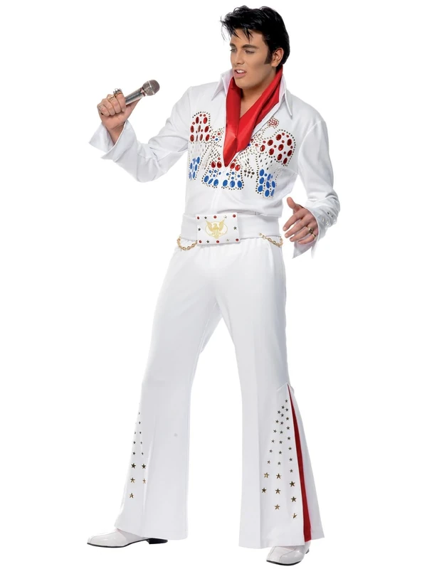 Smiffys Elvis American Eagle Costume in White for Adults, Jumpsuit, Belt, and Scarf, Officially Licensed, Sequin Detail and Red Insert, Perfect for Music-Themed Fancy Dress Halloween, World Book Day