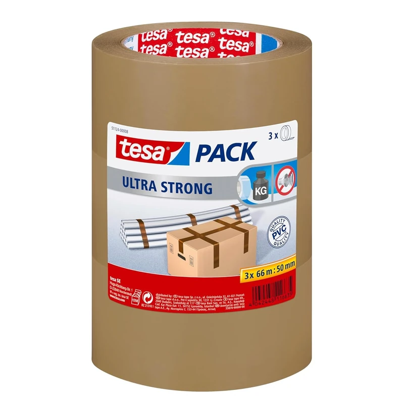 tesa 51124-00008-01 Packing Tape Ultra Strong PVC Packaging Tape for Heavy Parcels and Boxes, Brown, 66 m x 50 mm, Pack of 3