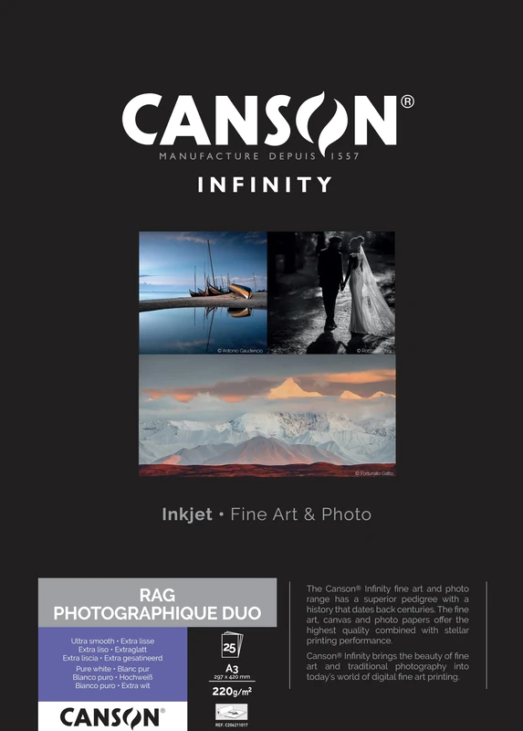 CANSON Infinity Rag Photographique Duo Ultra Smooth 220gsm A3 Paper, Digital Fine Art Reproduction, 25 Pure White Sheets, Ideal for Professional Photographers