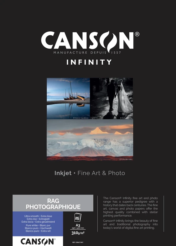 Canson Infinity Rag Photographique Smooth White Inkjet Photo Paper, 310gsm, A3, 25 Sheets, Acid-Free, Ideal for Professional Photographers