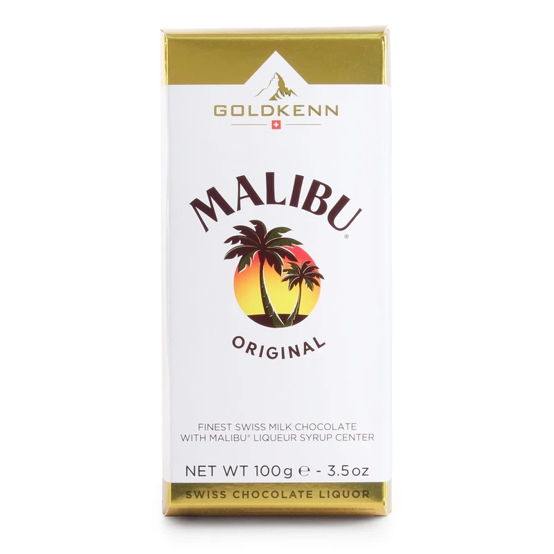 Goldkenn Malibu Liquer Chocolate Bar - 100g | Luxurious Taste | Crafted With the Finest Swiss Milk Chocolate | Filled with a Decadent Malibu Liqueur Syrup Centre | Sophisticated Treat for Adults
