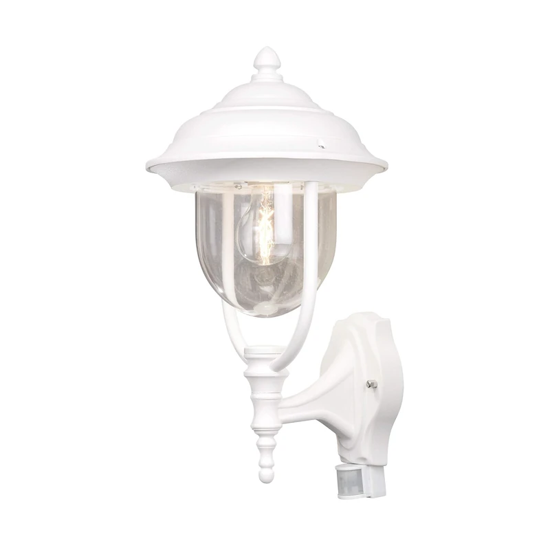 Konstsmide Outdoor Wall Light Mains Powered/Parma Up Traditional Lantern with PIR Sensor Motion Detector/1 x 75 W E27 Max Lamp/Clear Acylic Glass/Aluminium/IP43/Outside Light Matt White