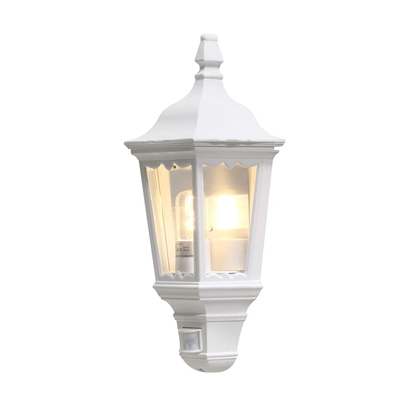 Konstsmide Outdoor Wall Light Mains Powered/Firenze Flush Traditional Lantern with PIR Sensor Motion Detector/1 x 100 W E27 Max Lamp/Clear Acylic Glass/Aluminium/IP43/Outside Light Matt White