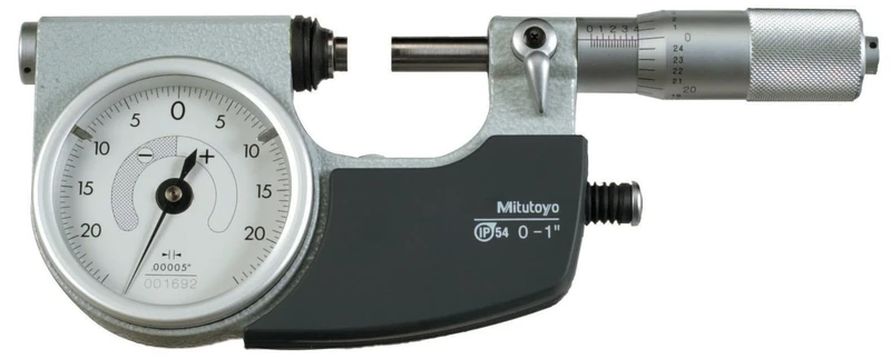 Mitutoyo 510-131 Dial Indicating Micrometer, Ratchet Stop, 0-1" Range, 0.00005" Graduation, +/-0.00004" Accuracy, Retractable Anvil Button