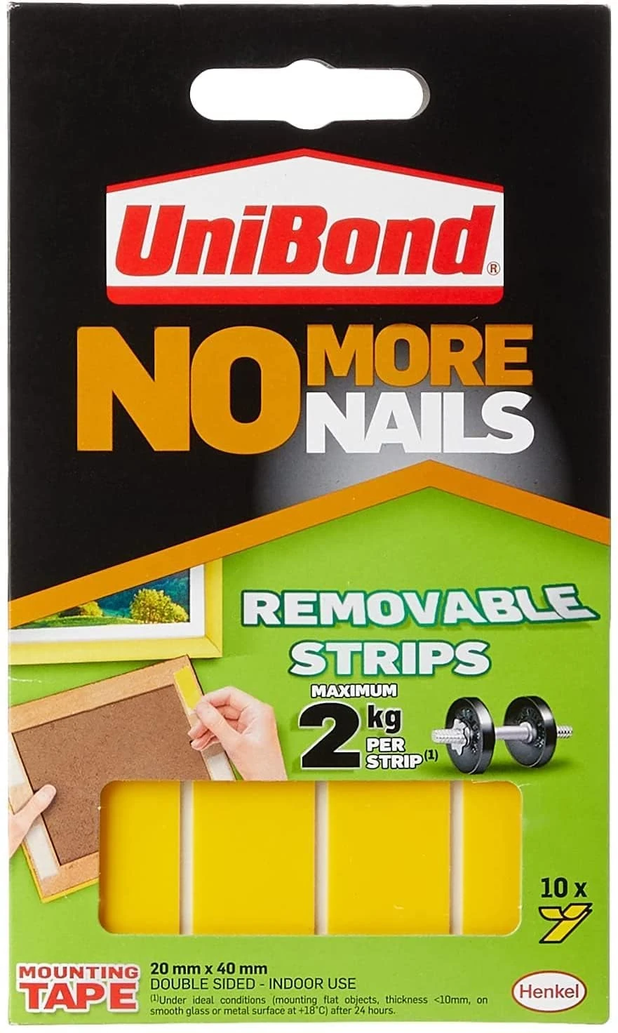 Unibond No More Nails Removable Picture Hanging Strips, Adhesive Strips for Fast, Easy Mounting, Double Sided Sticky Tape for Interior Use, Translucent Tape, Pack of 10 , Yellow