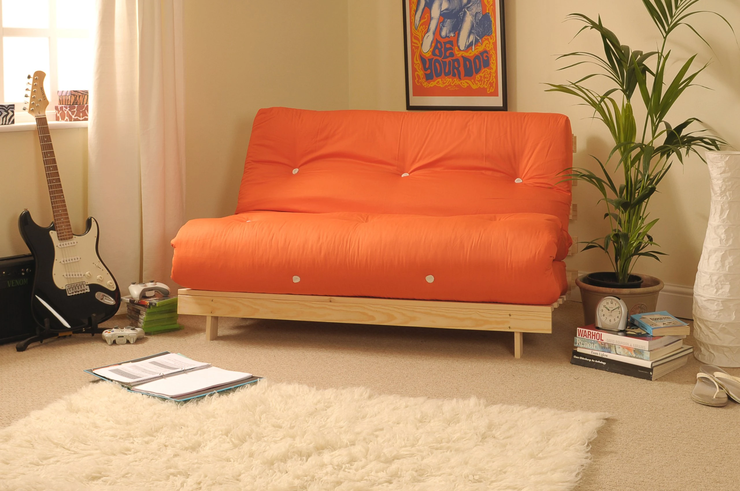 Comfy Living 4ft6 (135cm) Double Wooden Futon with ORANGE Mattress