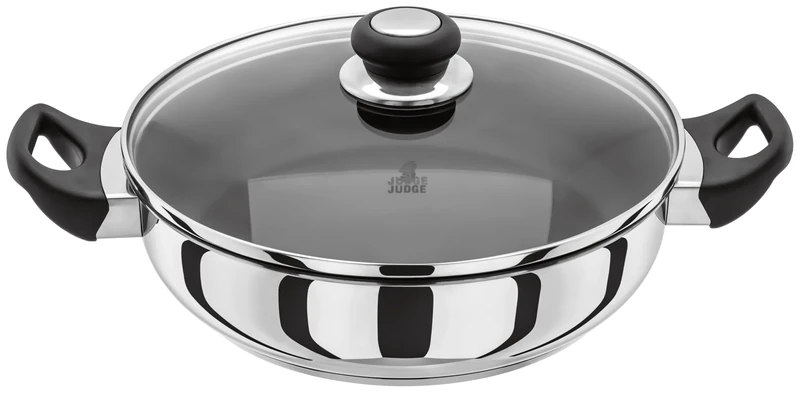 Judge Vista Stainless Steel Non-Stick Large Shallow Casserole 28cm, Frying Pan with Shatterproof Glass Lid, Induction Ready, Oven Safe