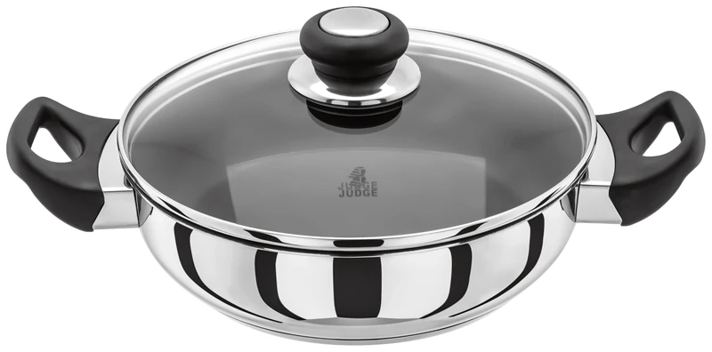 Judge Vista Stainless Steel Non-Stick Shallow Casserole 24cm, Frying Pan with Shatterproof Glass Lid, Induction Ready, Oven Safe