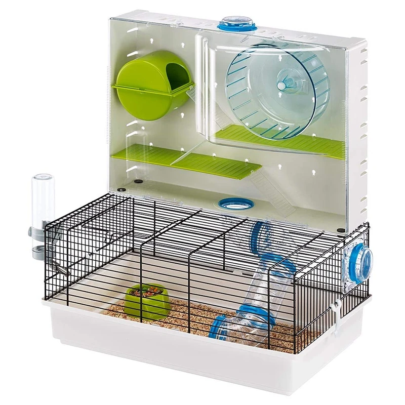 Ferplast Olimpia Hamster Cage - Multi-Level Customizable Habitat with Tunnel System - Interactive Transparent Design, Exercise Wheel & Accessories - Tubes Connect&Play, 46x29.5xh54 cm