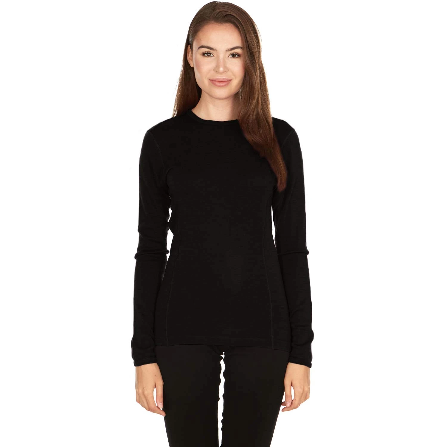 100% Merino Wool - Women's Midweight Base Layer - Long Sleeve Crew - Black - Medium