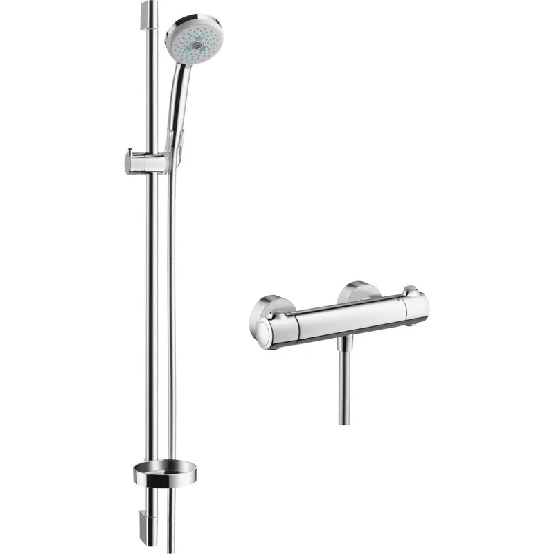 hansgrohe Croma 100 - shower set with thermost Ecostat Comfort, shower head, shower bar 90cm, shower hose 160cm and shower head holder, hand shower with 3 sprays, chrome, 27085000