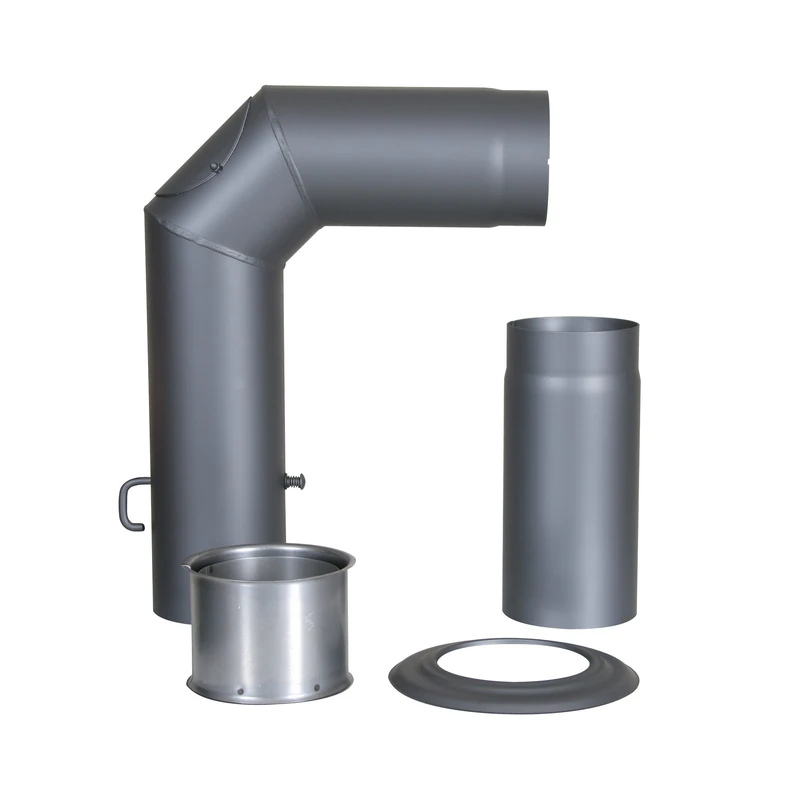 Kamino-Flam 4 Piece 90° Elbow Pipe Set Ø 15cm, Heat Resistant Senotherm Lacquered Elbow Chimney Stove Pipe with Throttle Valve and Door, Straight Flue Pipe, Double Wall Lining and Rosette, Grey