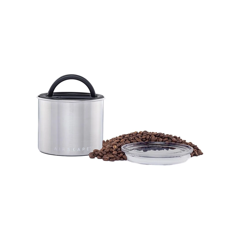 Planetary Design Airscape Stainless Steel Coffee Canister | Food Storage Container | US patented Airtight Lid | Push Out Excess Air and Preserve Freshness (Small, Brushed Steel)