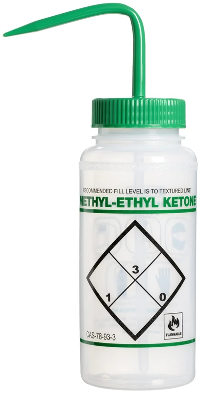 Bel-Art F11646-0611 Polyethylene Safety-Labeled 2-Color Methyl Ethyl Ketone Wide-Mouth Wash Bottle with Green Polypropylene Cap, 500mL Capacity, Pack of 6