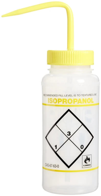 Bel-Art F11646-0624 Polyethylene Safety-Labeled 2-Color Isopropanol Wide-Mouth Wash Bottle with Yellow Polypropylene Cap, 500mL Capacity, Pack of 6