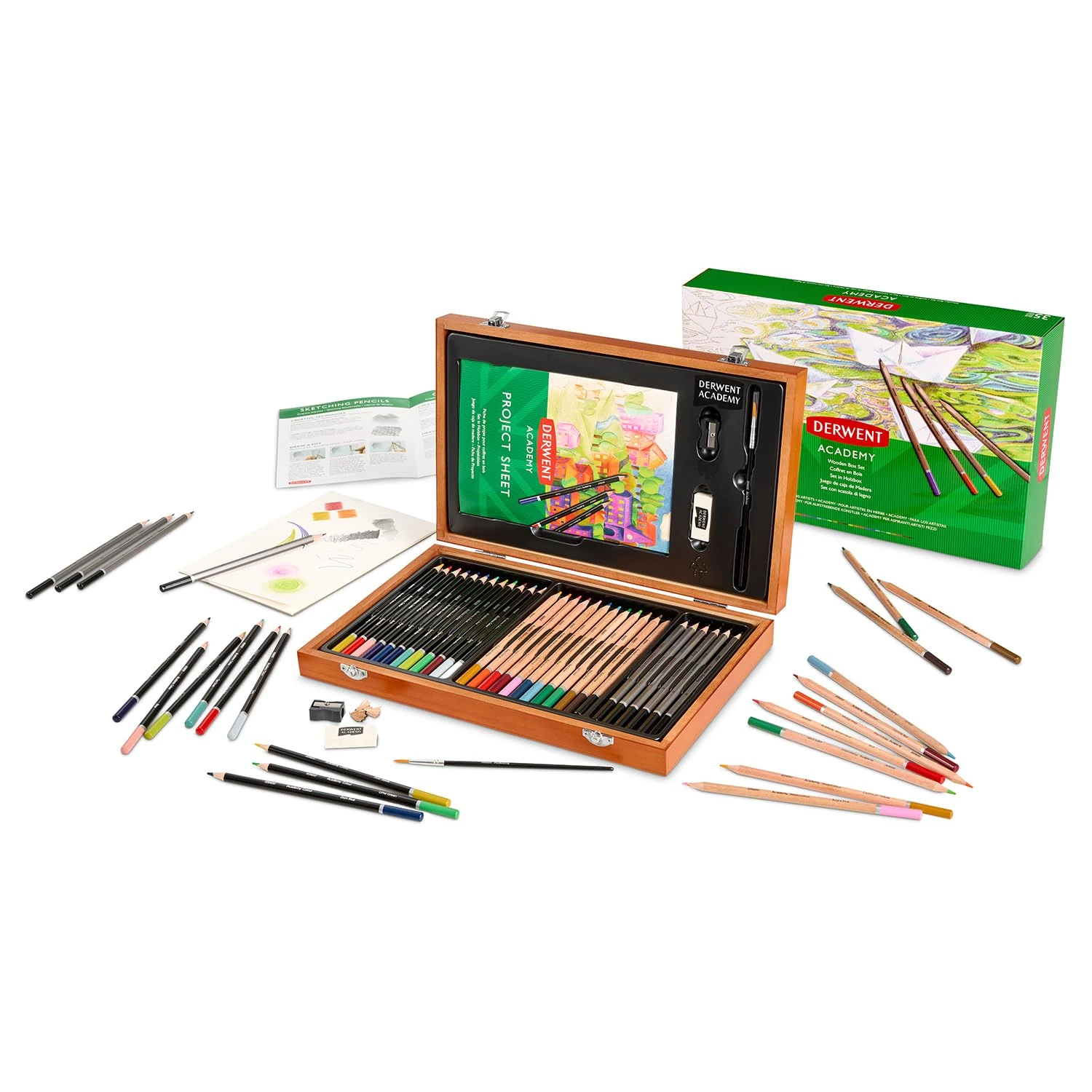 Derwent Academy Wooden Gift Box, Complete Starter 35 Piece Art Set, optimum Collection for Drawing, Sketching & Crafts, Premium Hobbyist Quality Kit For Adults or Teenage Artists, 2300147