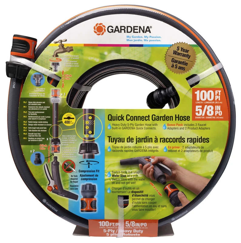Gardena (39100 100' ft. 5/8" in. Heavy-Duty Quick Connect Hose, Heavy-Duty 5-Ply Design, Includes Quick Connectors and Adadpters, Kink-Resistant