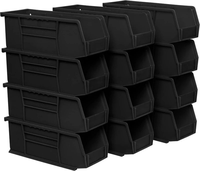 Akro-Mils 30224 AkroBins Plastic Storage Bins, Space-Saving Stackable Bins for Garage, Pantry, Craft Organization, 27.94 cm L x 10.16 cm W x 10.16 cm H, Black, 12-Pack