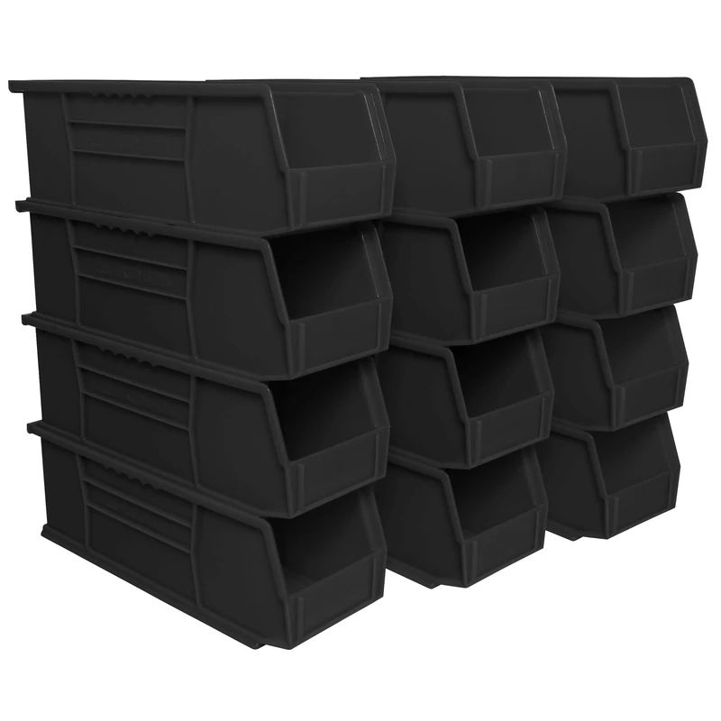 Akro-Mils 30234 AkroBins Plastic Storage Bins, Space-Saving Stackable Bins for Garage, Pantry, Craft Organization, 38.1 cm x 12.7 cm x 12.7 cm, Black, 12-Pack