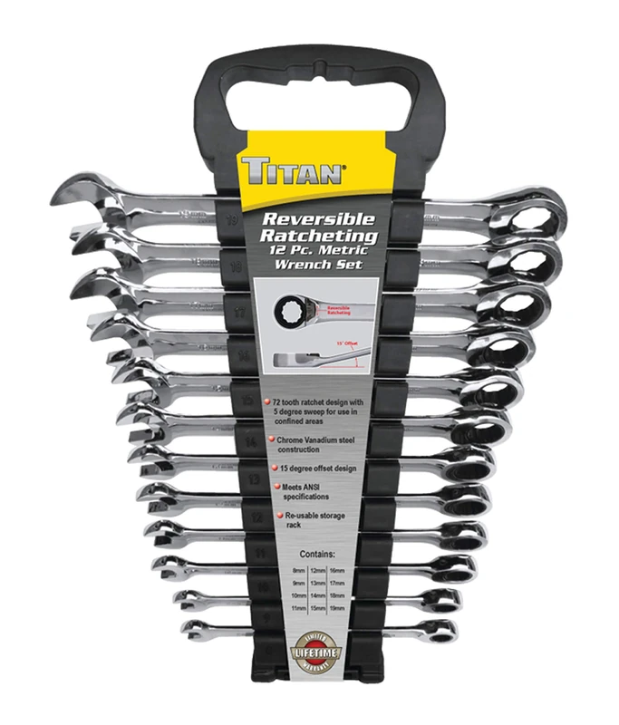 Titan 17365 12-Piece 12 Point 72 Tooth Metric Reversible Ratcheting Combination Wrench Set