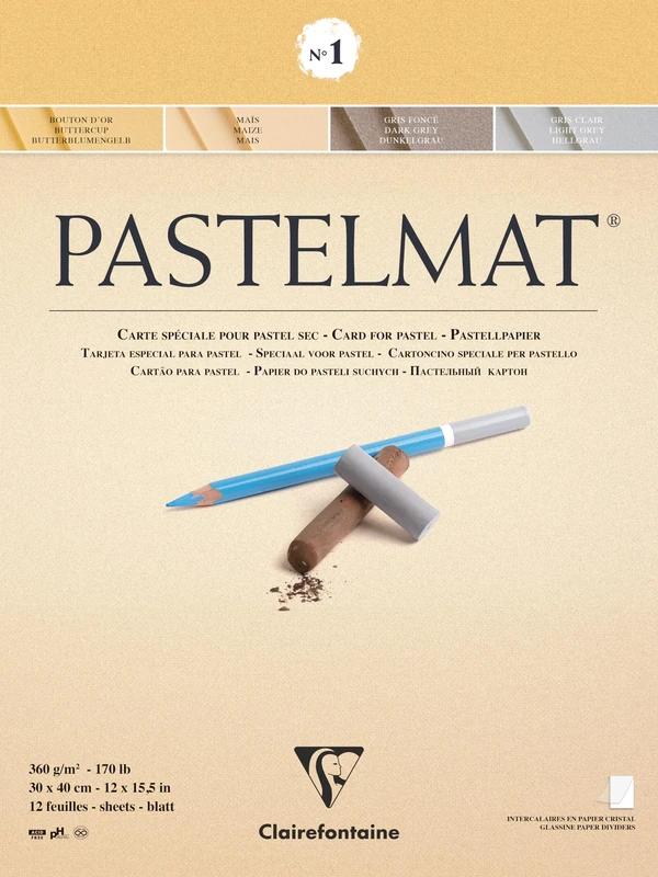 Clairefontaine - Ref 96018C - Pastelmat Pastel Card Pad No.1 (12 Sheets) - 360gsm Card - 30 x 40cm - Assorted Colours - Specially Formulated For Use With Pastels