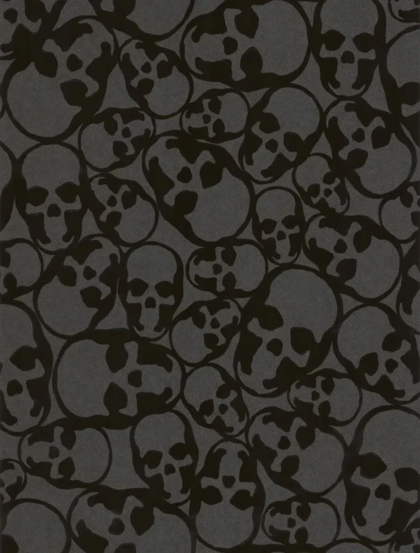 Barbara Hulanicki Designer Black Skulls Print Flocked Luxury Wallpaper - Image 1