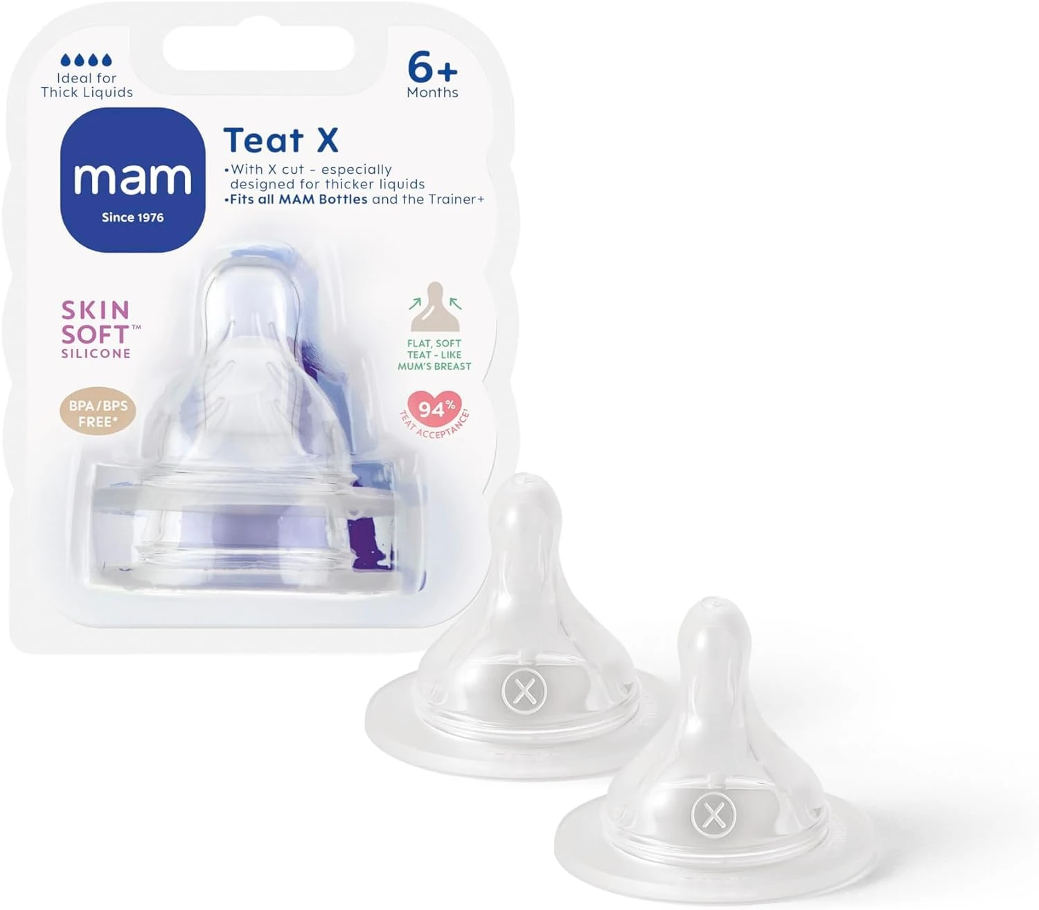 MAM Teats Size X | 2 Pack | Designed for Thicker Liquids | Suitable from 6+ Months | Fits All MAM Bottles | Made with SkinSoft Silicone | Baby Accessories