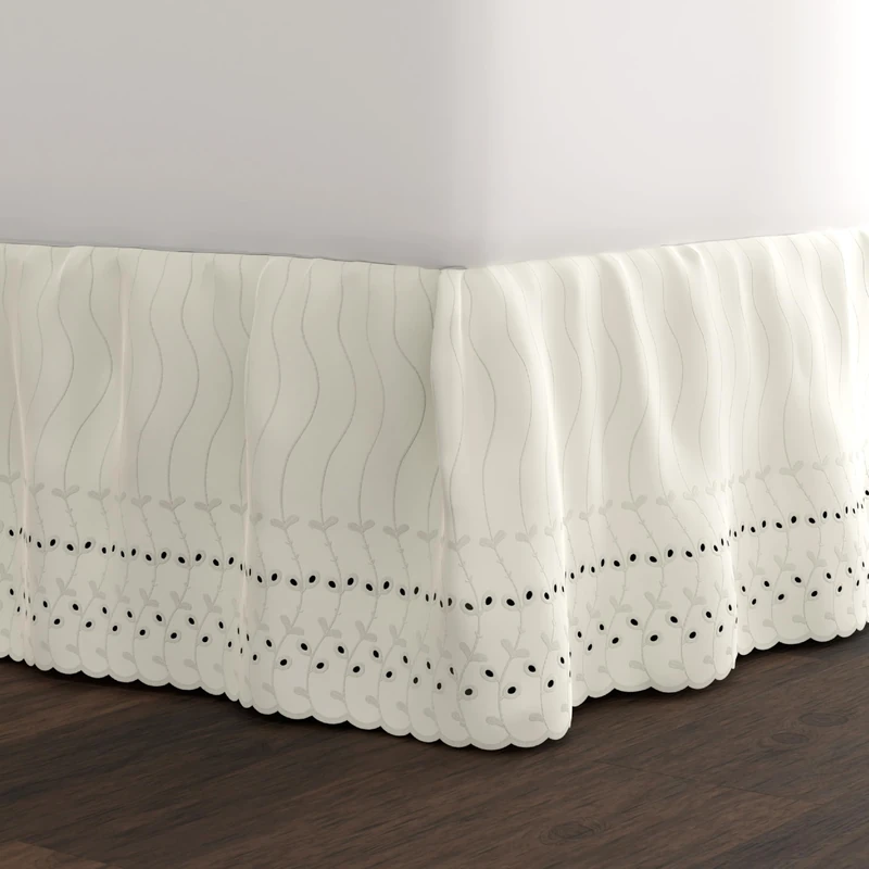 FRESH IDEAS Eyelet Bed Skirt Dust Ruffle Embroidered Details, Classic 14” drop length Gathered Styling, King, Ivory (Model: FRE30014IVOR04)