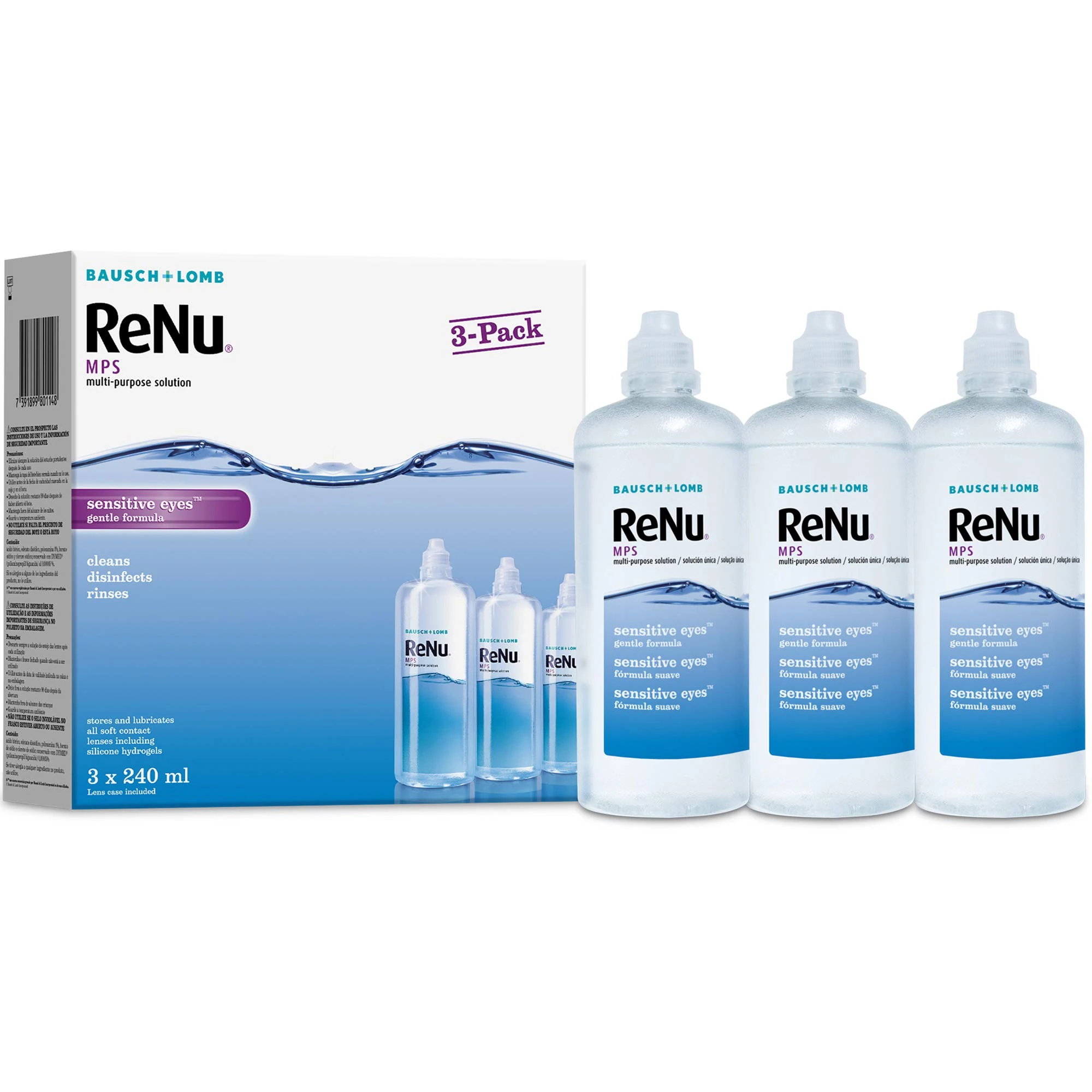 ReNu Multi-Purpose Contact Lens Solution 3 x 240 ml - Soft Contact Lenses for Comfortable Wear - Gentle on Sensitive Eyes - Clean, Disinfect, Rinse, Lubricate and Store your Lenses, Lens Case Included
