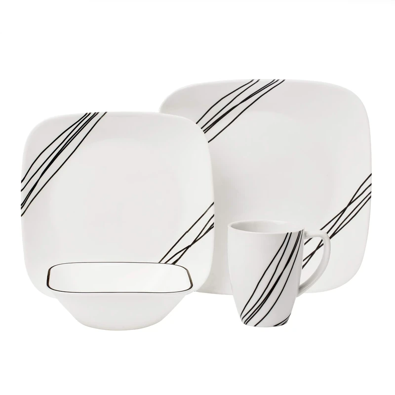 Corelle 16-Piece Vitrelle Glass Simple Sketch Chip and Break Resistant Dinner Set, Service for 4, Black