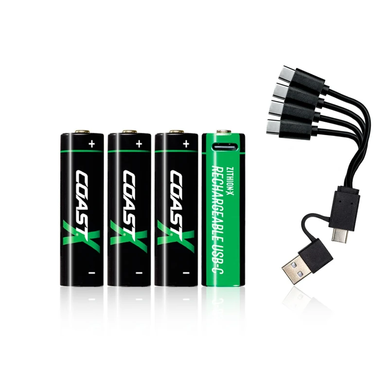 Coast AA USB-C Rechargeable Batteries, ZITHION-X, Lithium-Ion 1.5 V 2400 mAh, Durable, Charges in Max 2.5 Hours, Over 1000 Charging Cycles, Charging Cable Included, Pack of 4