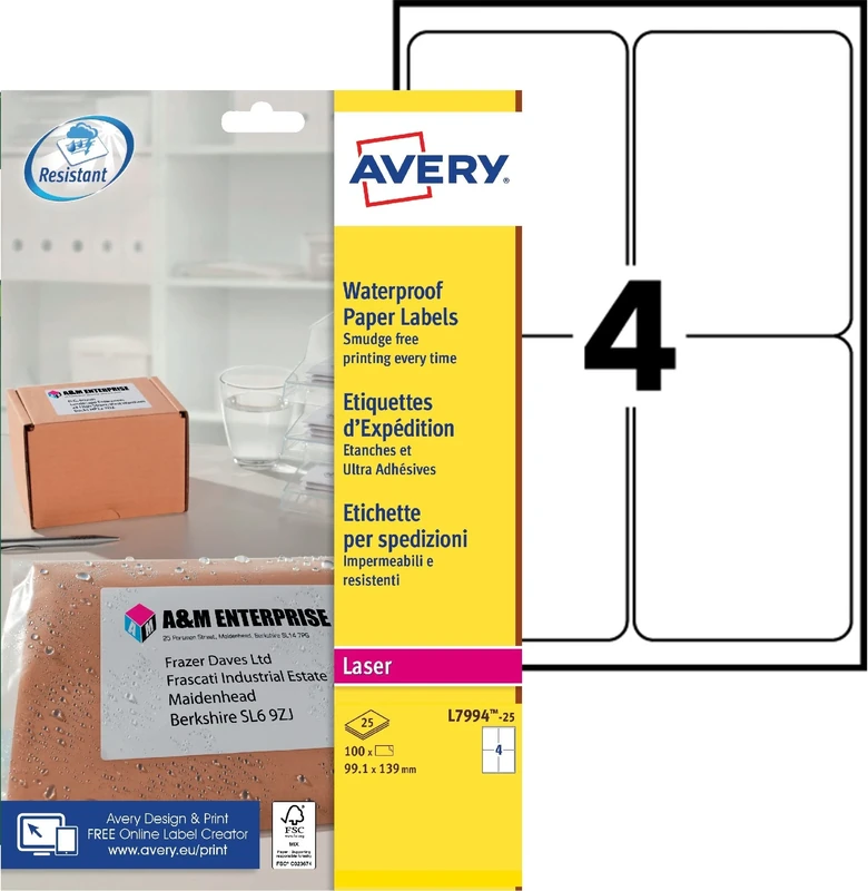 Avery Printable, customisable Weatherproof/ Waterproof, Parcel Mailing Labels, Laser Printers, L7994-25, White, 4 Per A4 sheet