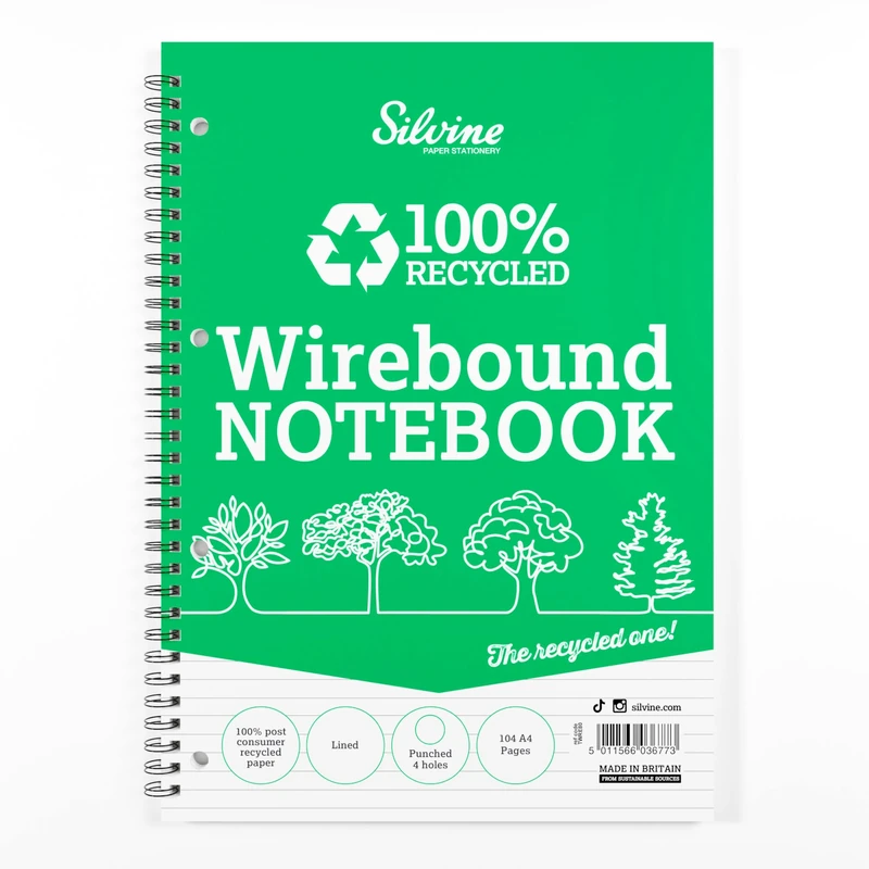 Silvine 104 Page A4 Everyday Recycled Wirebound Notebook, Ruled 8mm Feint [Pack of 12]