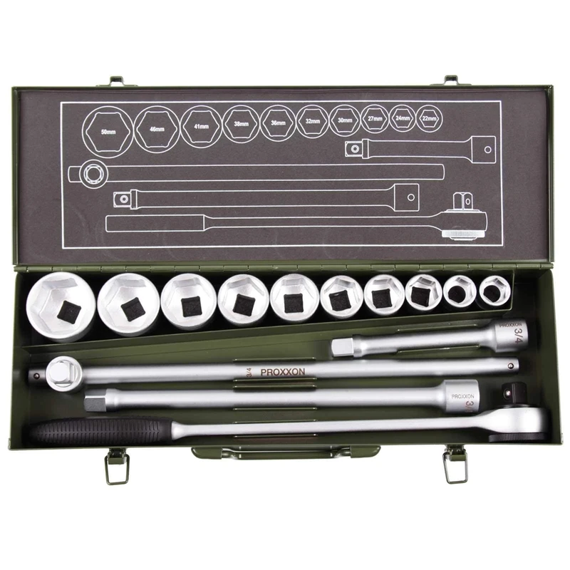 Proxxon 23300 Socket Set 22-50 mm with Ratchet Drive 20 mm (3/4 Inch) 14 Pieces in Metal Box