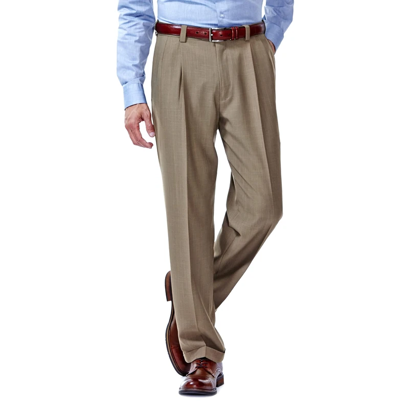 Haggar mensHD00219Eclo Stria Gab Expandable Waist Pleat Front Dress Pant Dress Pants - Beige - 36W x 34L