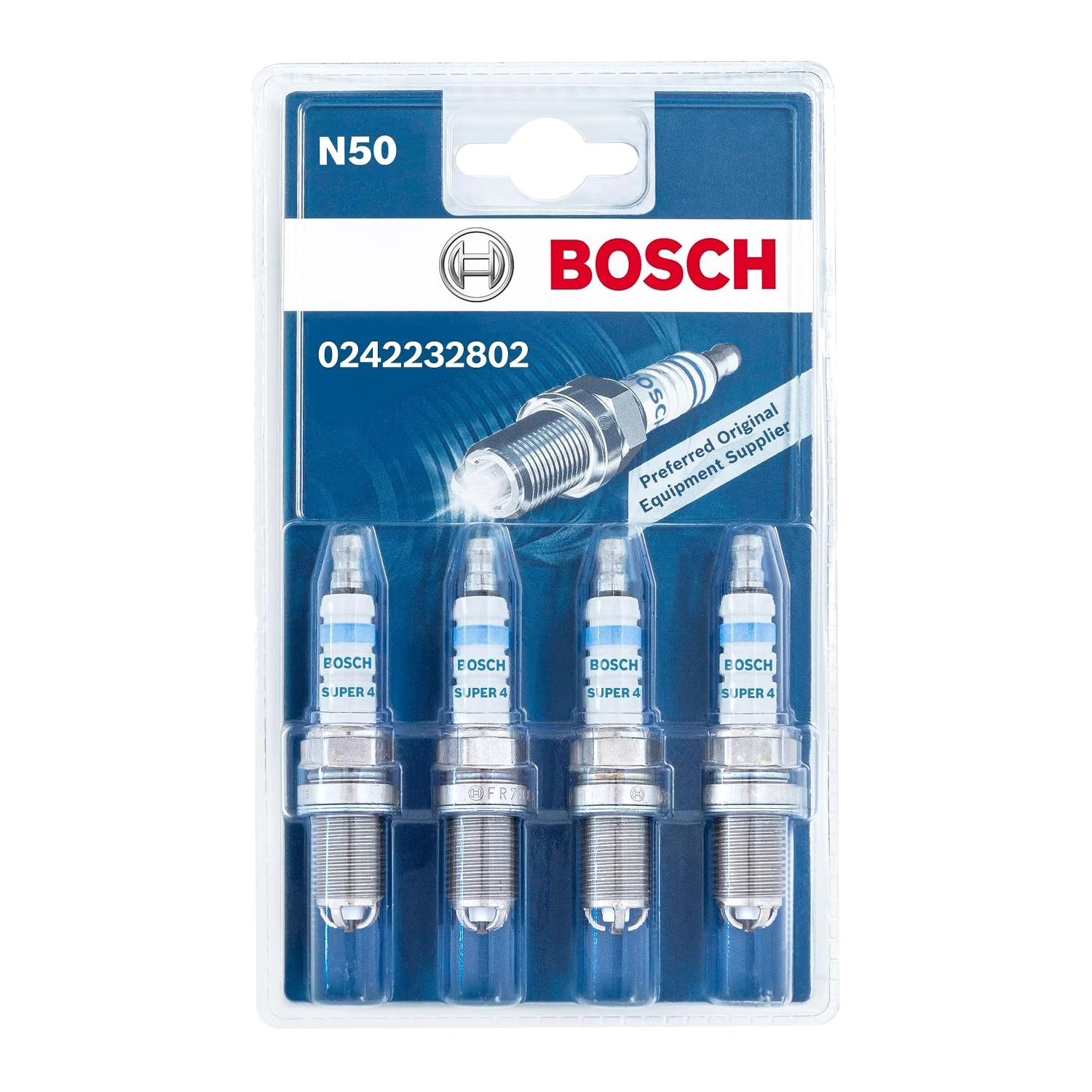 Bosch Super 4 0242232802 (N50), Spark Plug Set of 4 - for a Reliable Gasoline Engine Start and Long Service - with Robust Design