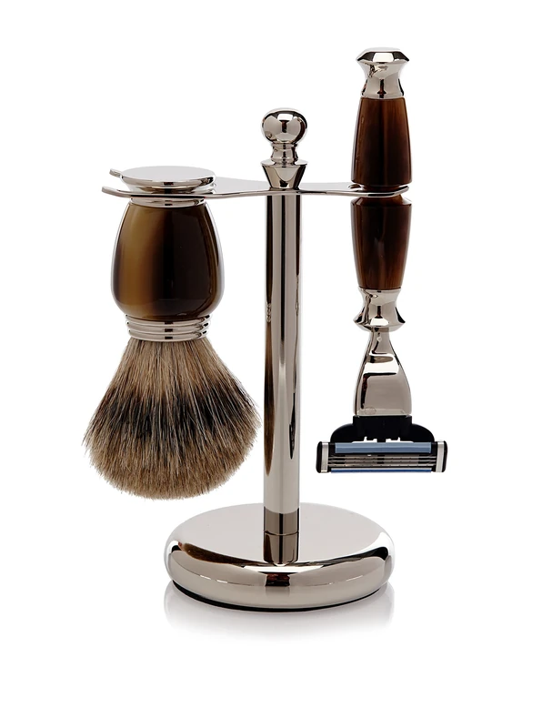 Gold Badger Shaving Set Faux Horn/Brass Fitting, Gala Lith/Silver Badger Tipped Hair