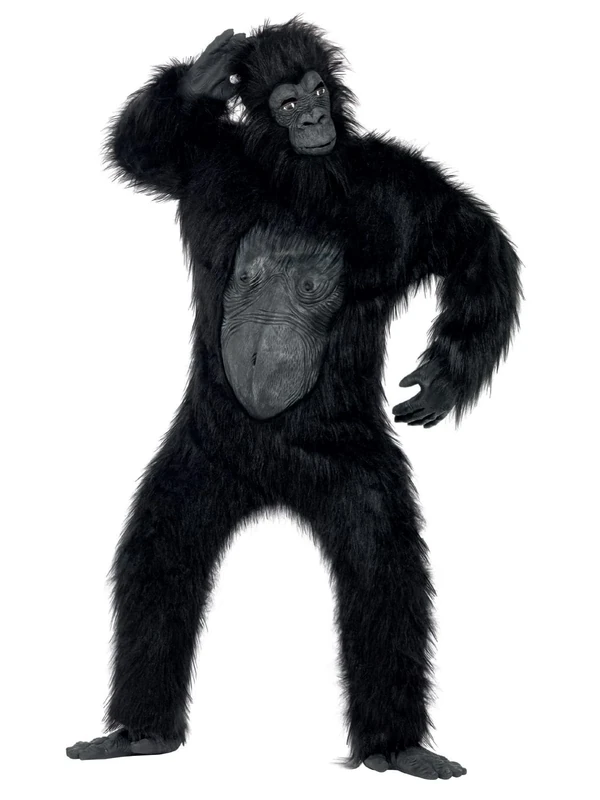 Smiffys Deluxe Gorilla Costume, Black Bodysuit with Rubber Chest, Mask, Hands and Feet, Party Animals Fancy Dress, Animal Dress Up Costumes Halloween
