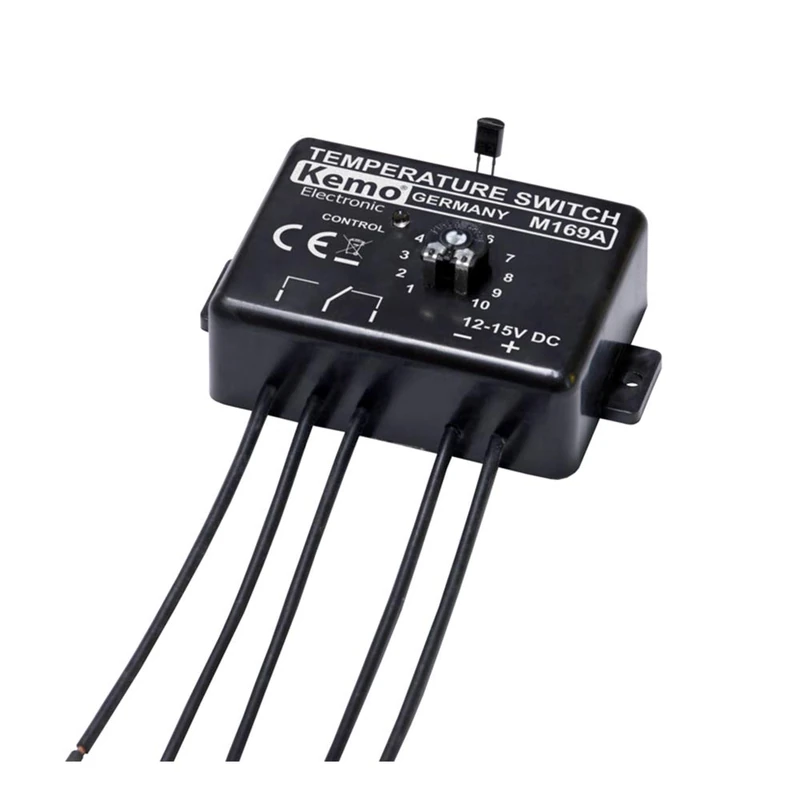 Kemo M169A Adjustable Electronic Temperature Switch Thermostat 12 V/DC. Temperature switching range 0-100 °C. Connection with control electronics possible