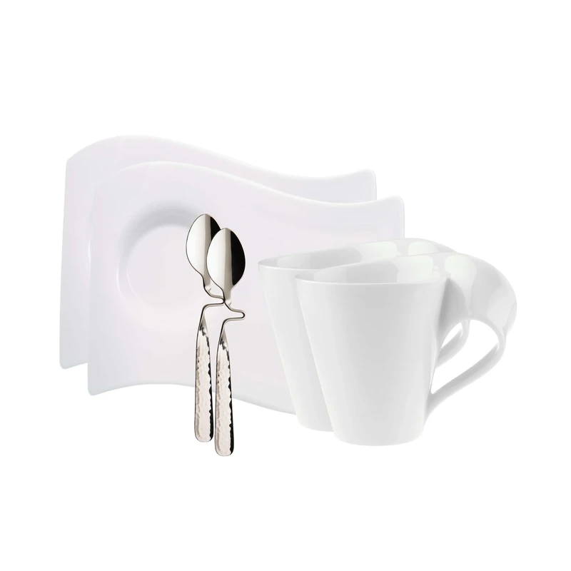 Villeroy & Boch New Wave Cappuccino Set, 6 Pieces, Coffee Cup, Premium Porcelain Saucer, Stainless Steel Spoon for 2 People, Dishwasher Safe, White