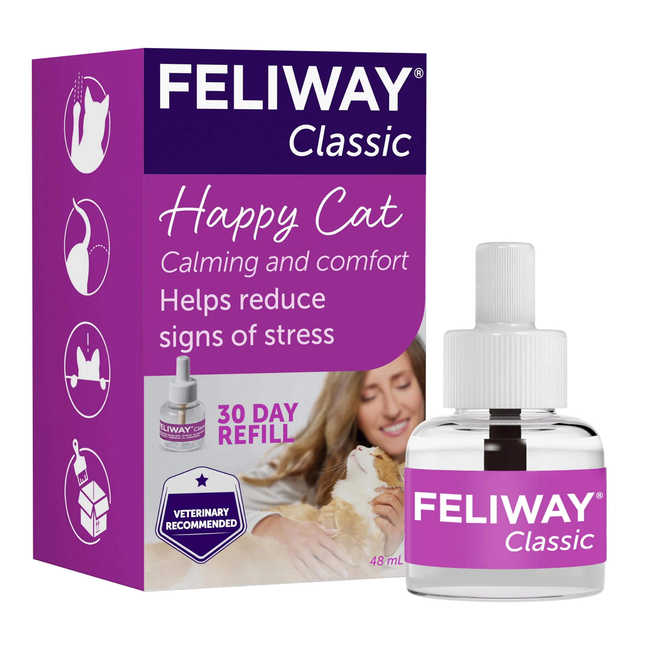 FELIWAY Classic 30 Day Cat Calming Odourless Refill for Pheromone Diffuser, 48ml - Helps Solve Common Signs of Stress in Cats & Kittens, Veterinary Recommended, Drug-free, Clinically Proven
