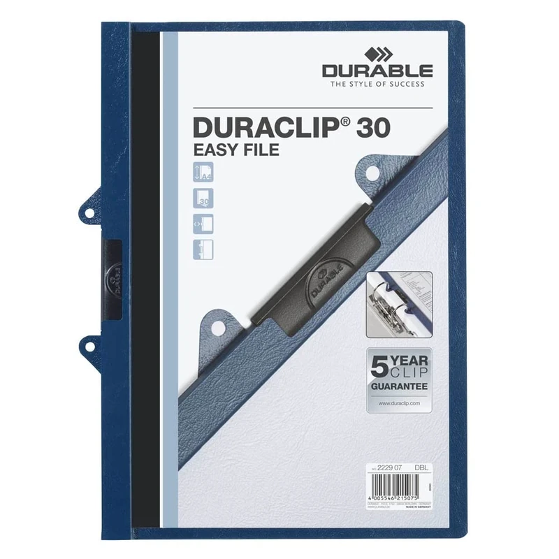 Durable DuraClip 222907 Easy Clip File for 1-30 Sheets A4 - Dark Blue (Pack of 25)