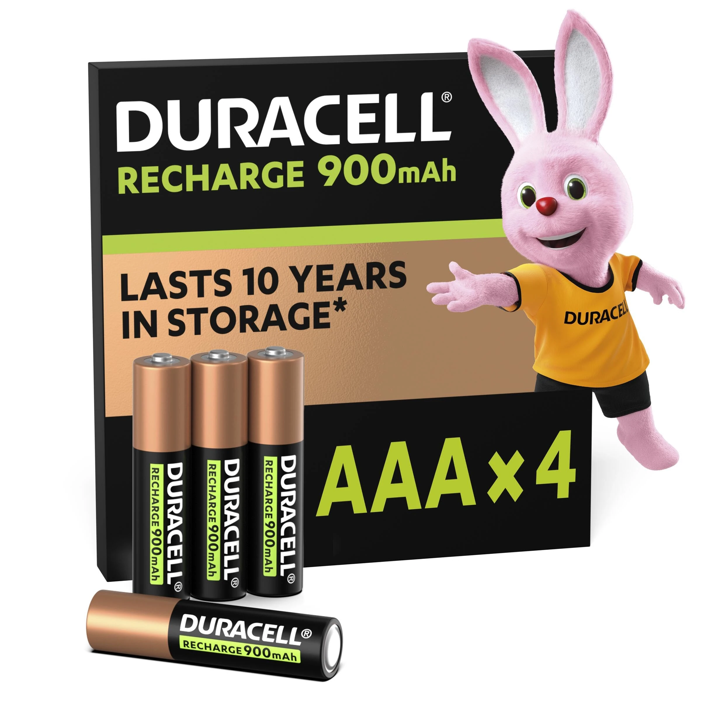 Duracell Rechargeable AAA Batteries (Pack of 4), 900 mAh NiMH, pre-charged, Our No.1 Longest Lasting Rechargeable Battery