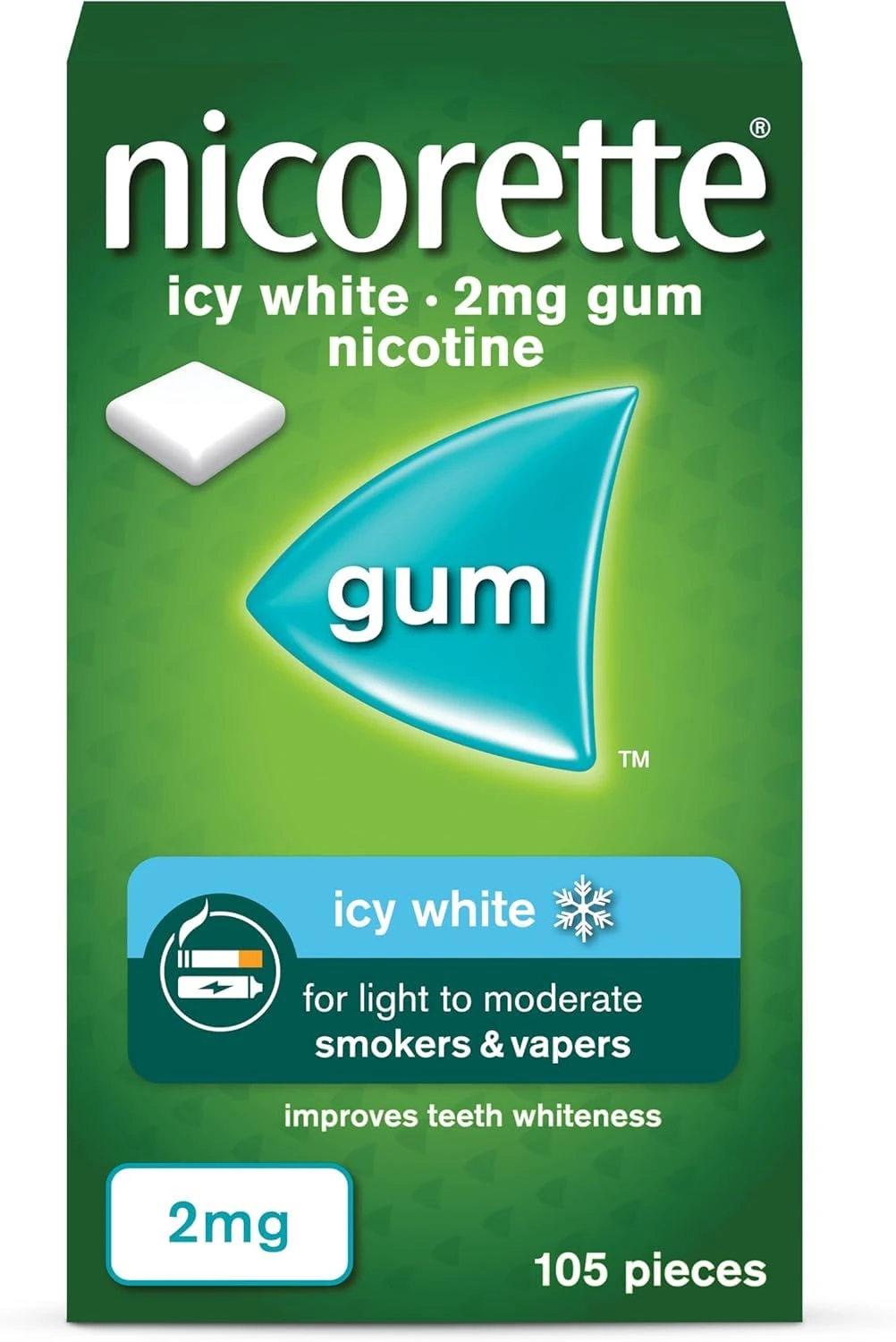 Nicorette Icy White 2mg Gum (105 Pieces), Discreet Stop Smoking and Stop Vaping Aid to Help you Quit For Good, Tackle Cravings and Withdrawal Symptoms, Nicotine Gum (Quit Smoking or Vaping)