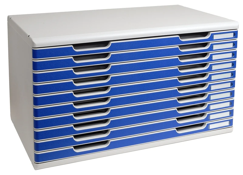 Exacompta - Ref 324003D - Modulo A3 Office - 350 x 576 x 320mm in Size, 10 Drawers (26mm Height), Smooth Opening with Stop, Label Holders - Light Grey/Blue