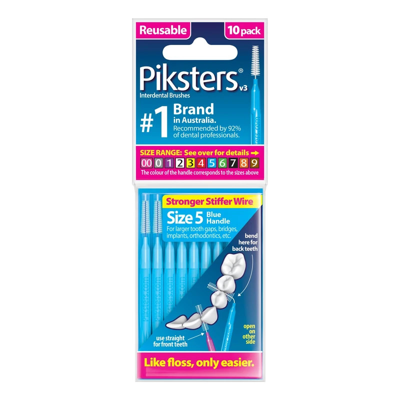 Piksters Interdental Brushes, 10 pk, Size 5, Interdental Tooth Brush for Large Gaps, Gum Soft Bristles for Plaque Removal, Safe for Braces