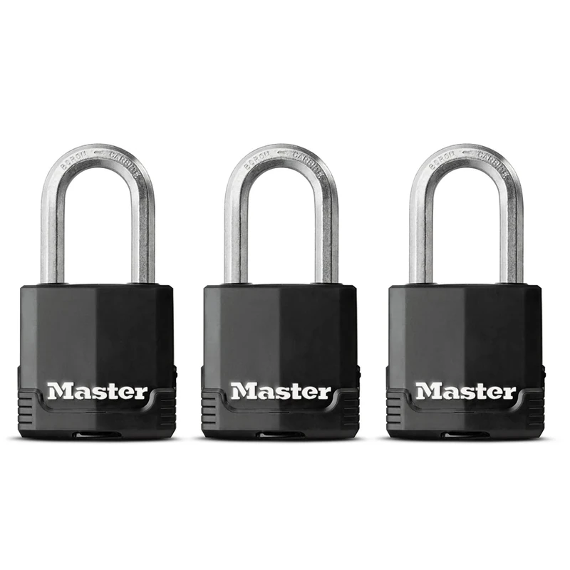 MASTER LOCK Pack of 3 Heavy Duty Padlocks, Security Level 8/10, Outdoor, Keyed, Covered Laminated Steel, Weatherproof, Medium Shackle