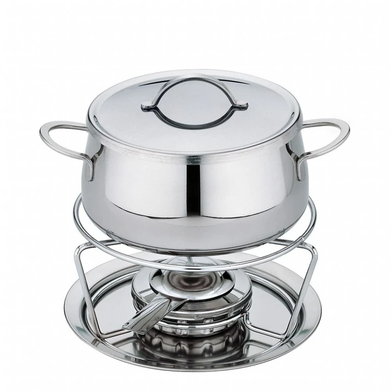 Spring SWISS ECO Fondue Set | Stainless Steel | Rechaud Burner | Includes 6 Colour-Coded Fondue Forks, Fondue Lid and Splash Guard | Suitable for Gas and Electric Hobs | 2 L | Diameter 18 cm