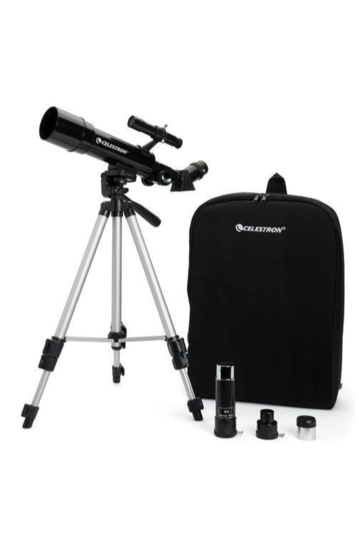 Celestron 21038 Travel Scope 50 Portable Refractor Telescope Kit with Backpack - includes Two Eyepieces, 3x Barlow Lens, 45° Erect Image Diagonal, Height-adjustable Tripod and Accessory Tray, Black
